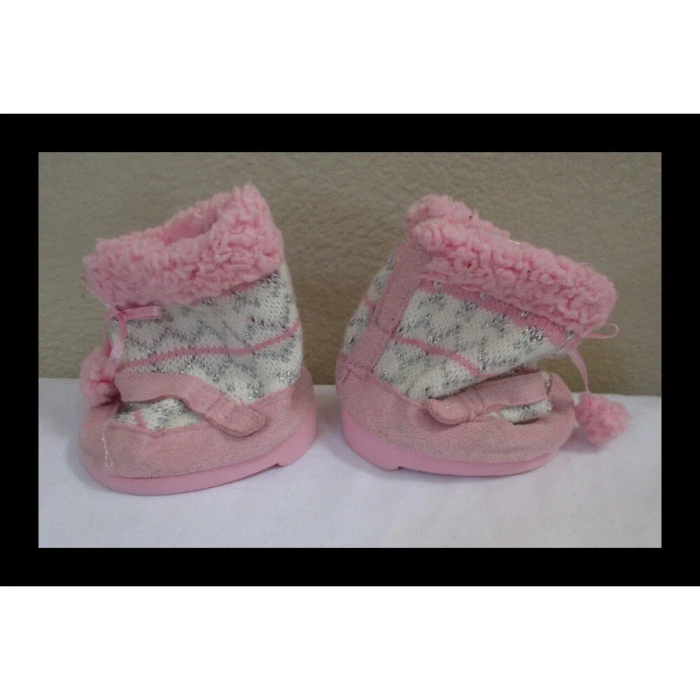 Build A Bear Workshop Pink & White Knit Boots with Pom Poms 2009